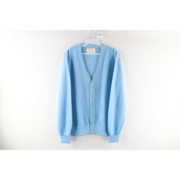 Vtg 70s Rockabilly Mens M Kurt Cobain Knit Cardigan Sweater Carolina Blue USA - Picture 1 of 7